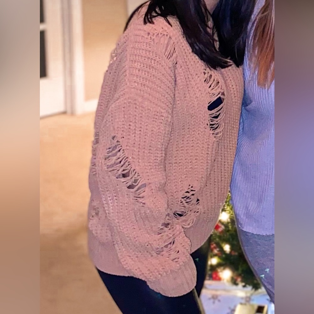 POL tan distressed ripped chenille pullover sweater - Picture 5 of 5